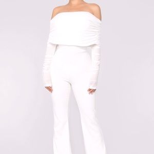 Short sleeved white flare leg jumpsuit